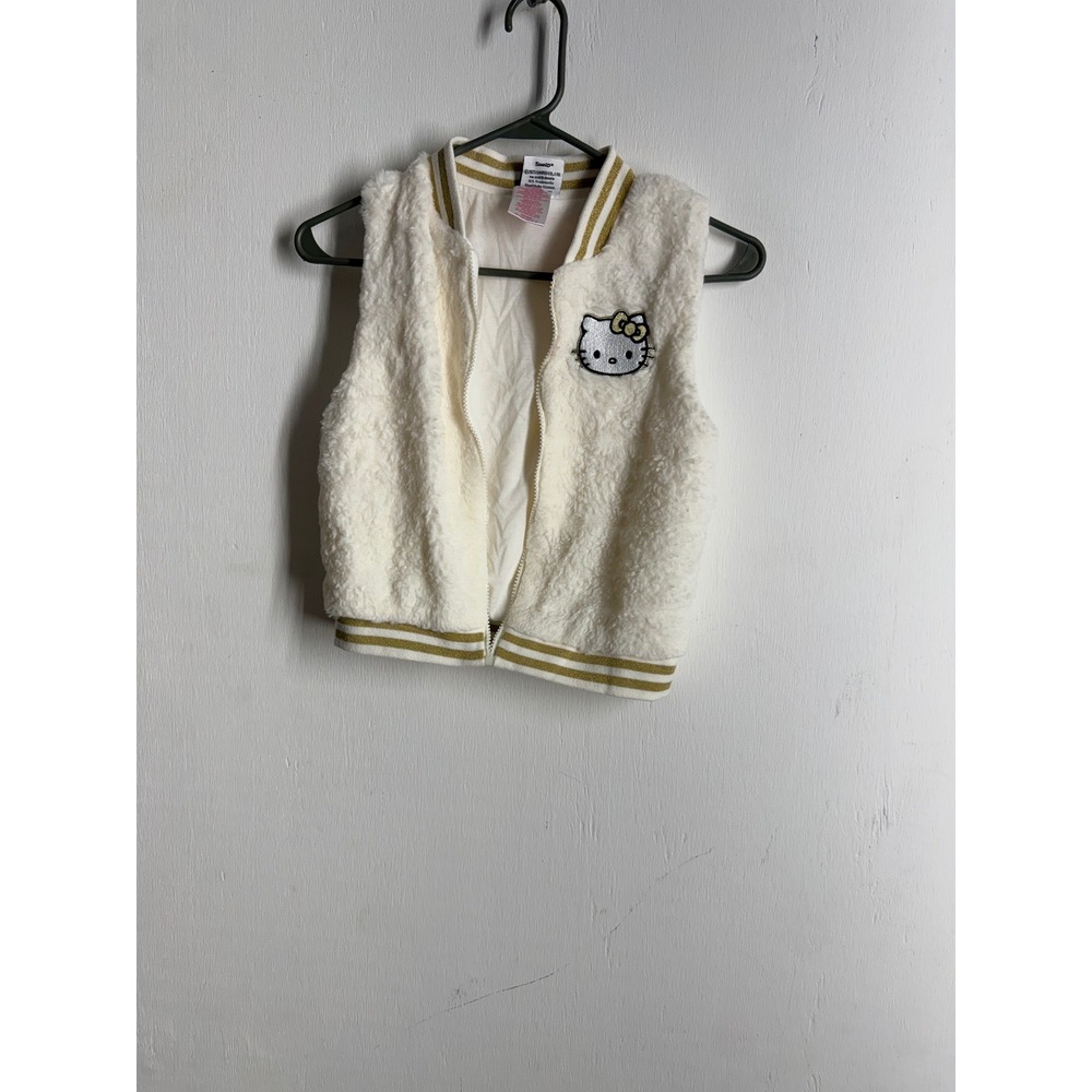 Hello Kitty Sanrio Faux Fur Vest Cream Gold Metallic Ribbed Trim Kids Size 10